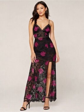 Black Lace Floral Midi Dress Pink Embroidery Sheer Slit Size 2